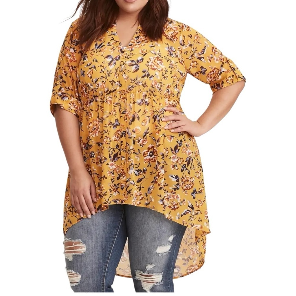 Torrid Lexie Babydoll Chiffon Tunic Top Yellow Multicolor Floral Hi Low 1X Plus